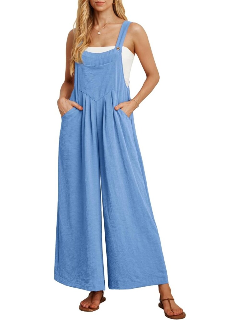 Women's Blue Summer Boho Wide Leg Overalls Casual Loose Rompers with Pockets